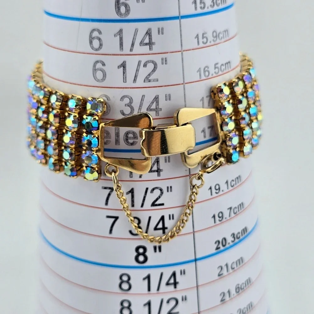 Vintage AB Rhinestone Gold Tone Bracelet Aurora Borealis Baguette Unsigned